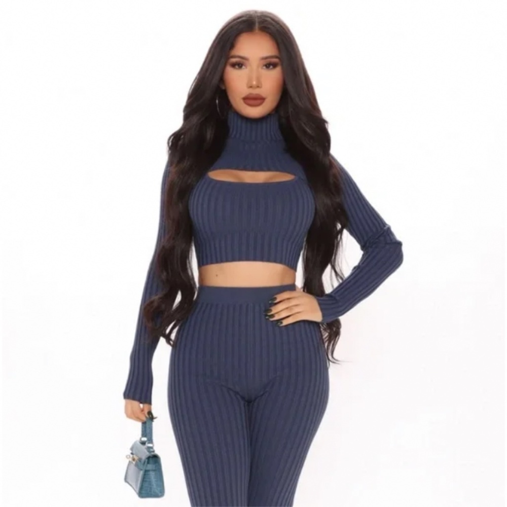🪞 Ribbed sweater legging 3 piece long sleeve top and pants set in navy
